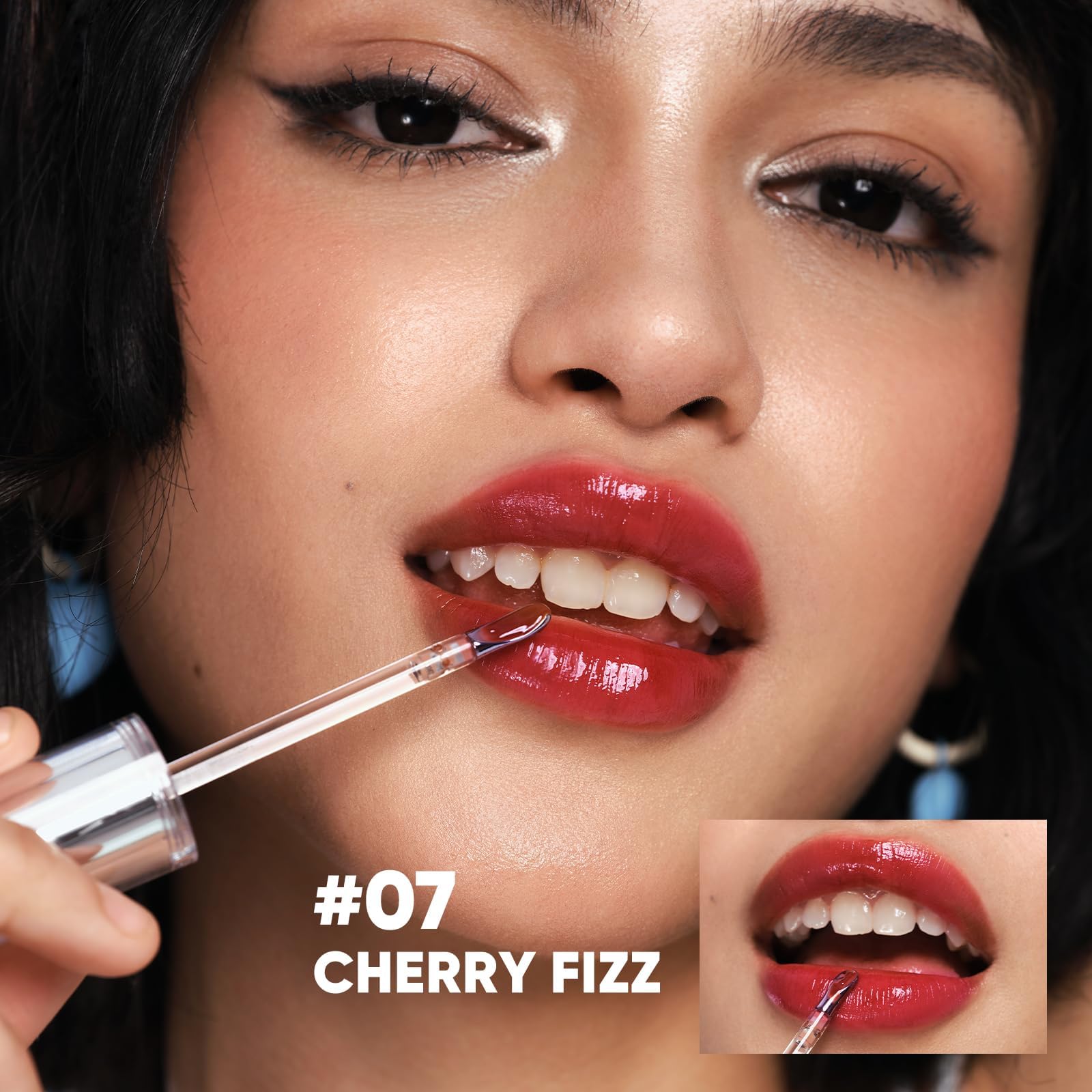 JUDYDOLL Cherry Fizz swatch on lips with vibrant color payoff.