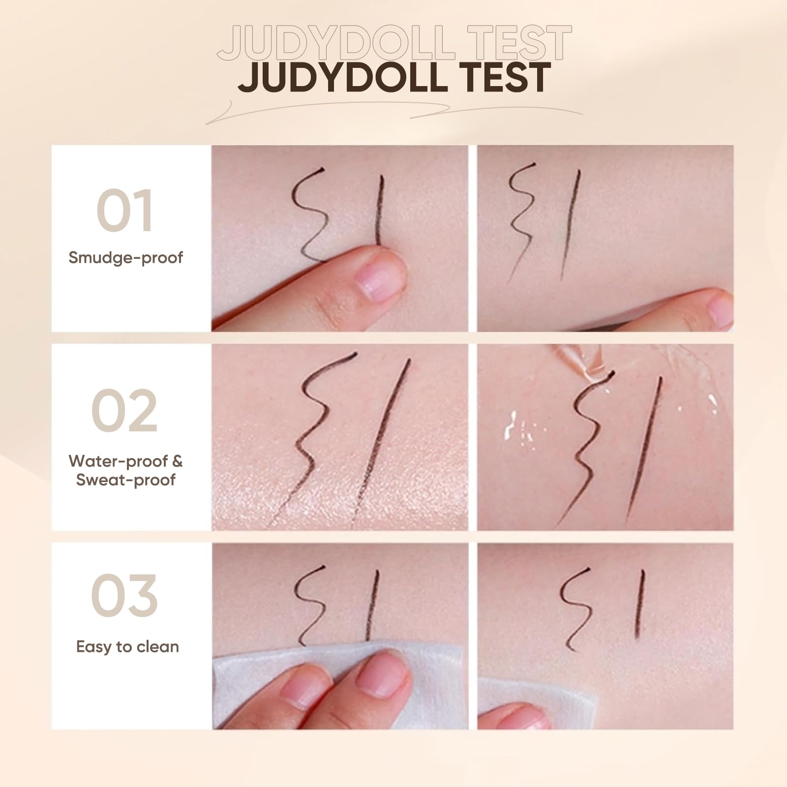JUDYDOLL easy-application brush tip resists splitting and ink leakage for smooth lines.