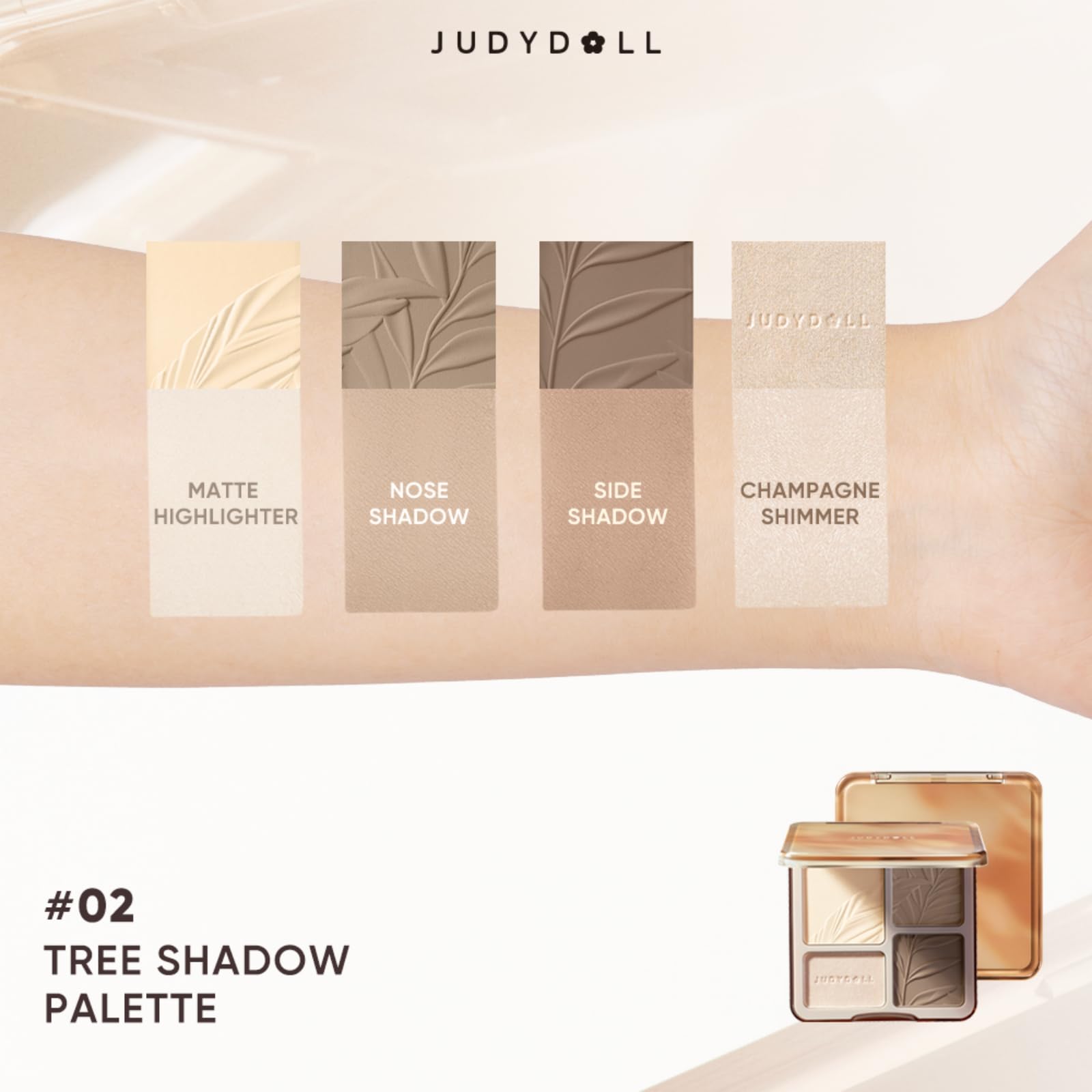 JUDYDOLL Tree Shadow Palette close-up highlights creamy powder for seamless blending.