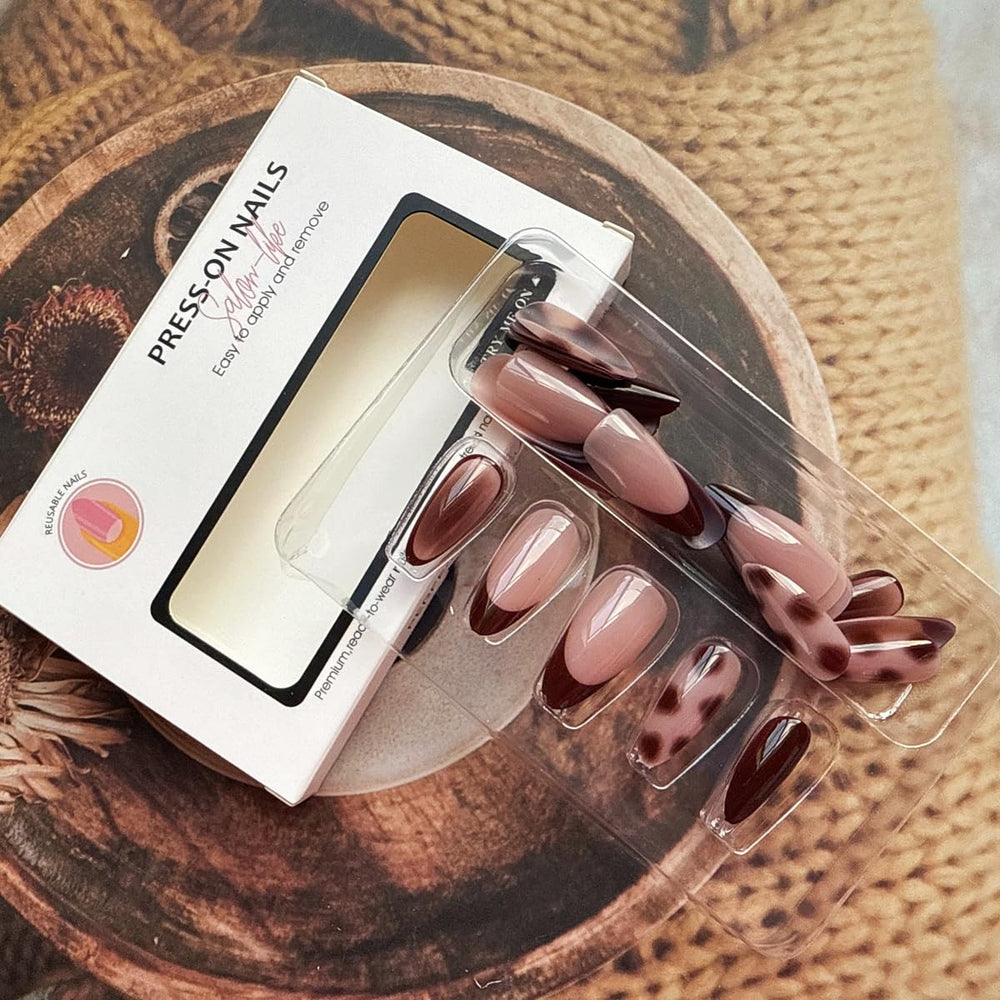 JUGGSSA almond press on nails full-cover brown nails with jelly glue design for durable wear.