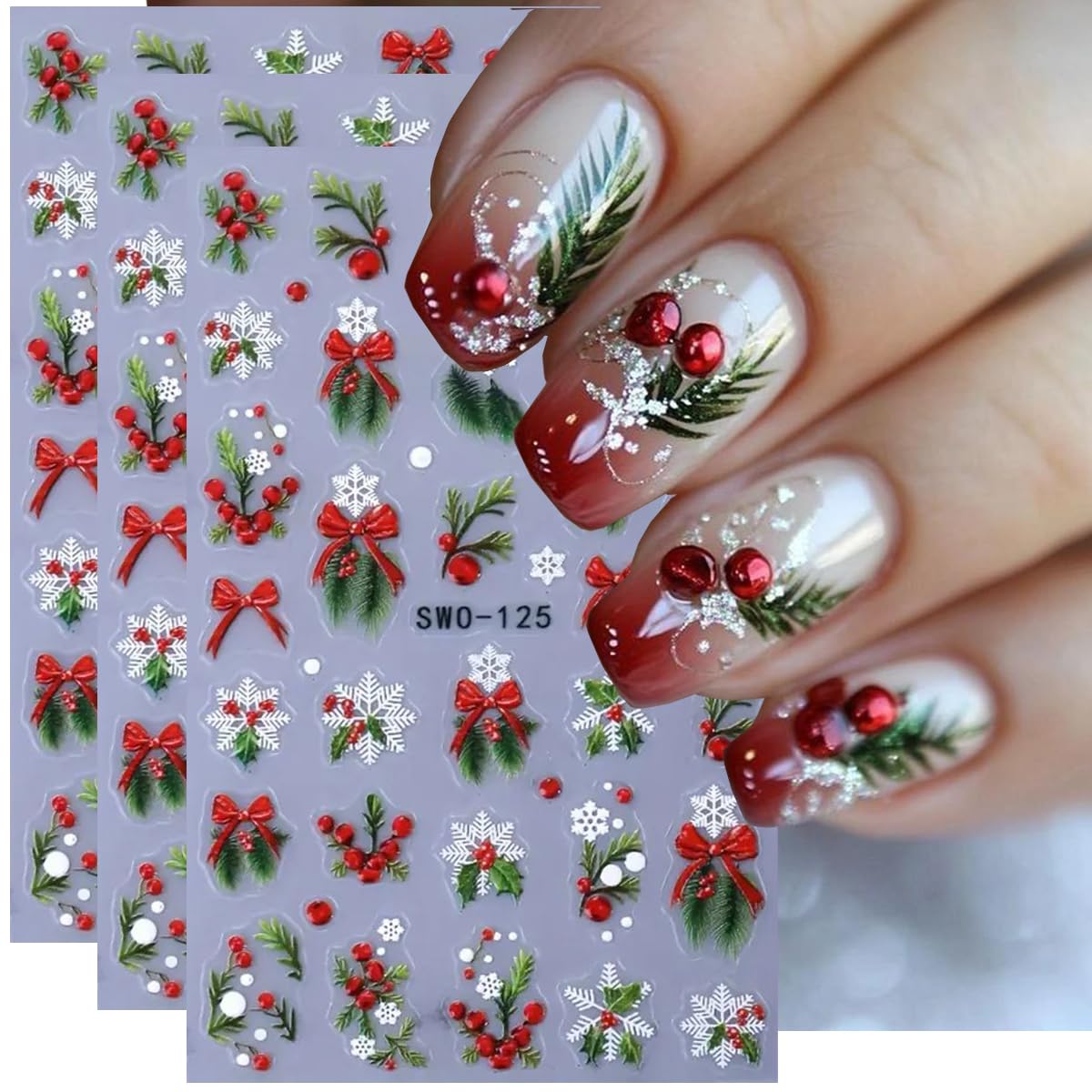 JUGGSSA Christmas nail stickers show holly bow and snowflake for quick festive manicures.