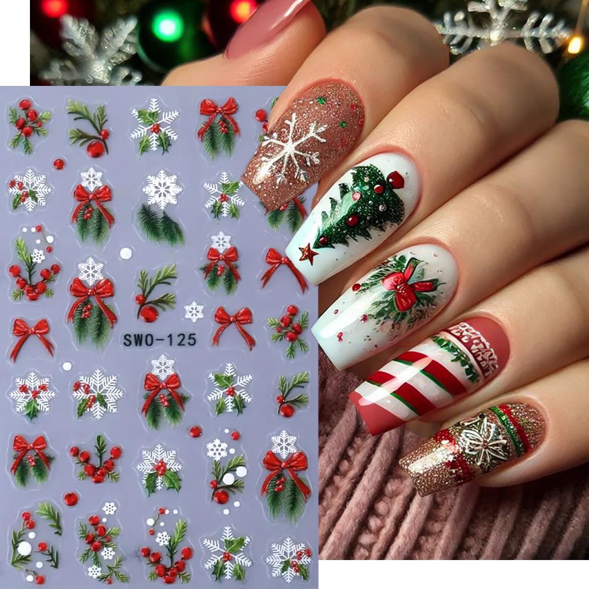 JUGGSSA holly-leaves decals offer versatile accents for chic nails.