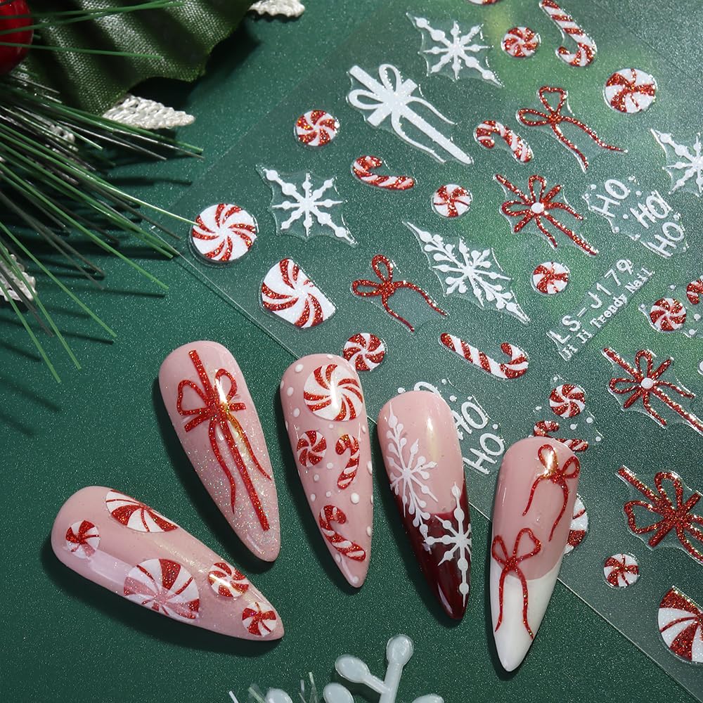 Juggssa Christmas nail stickers red gold glitter deliver shimmering accents for festive nails.