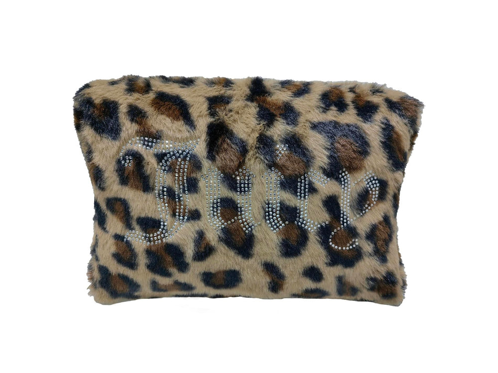 Juicy Couture brown makeup bag with wedge leopard print for stylish travel storage.