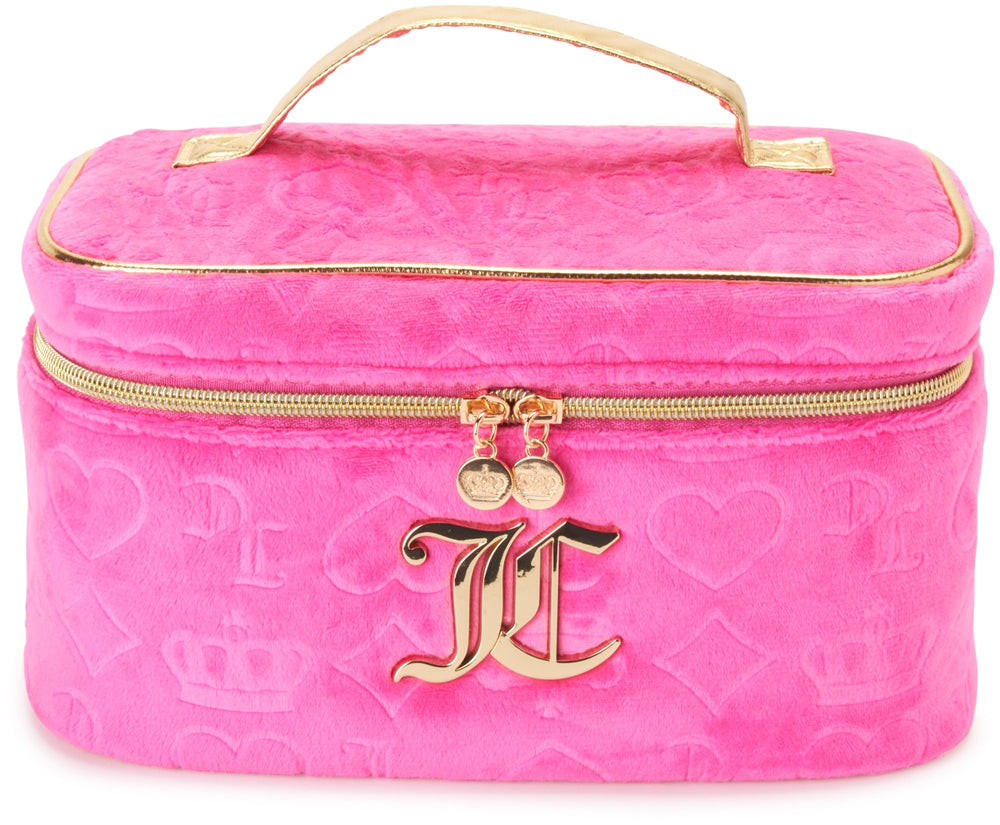 Juicy Couture hot pink makeup bag with velour heart crown, ideal for travel organization.