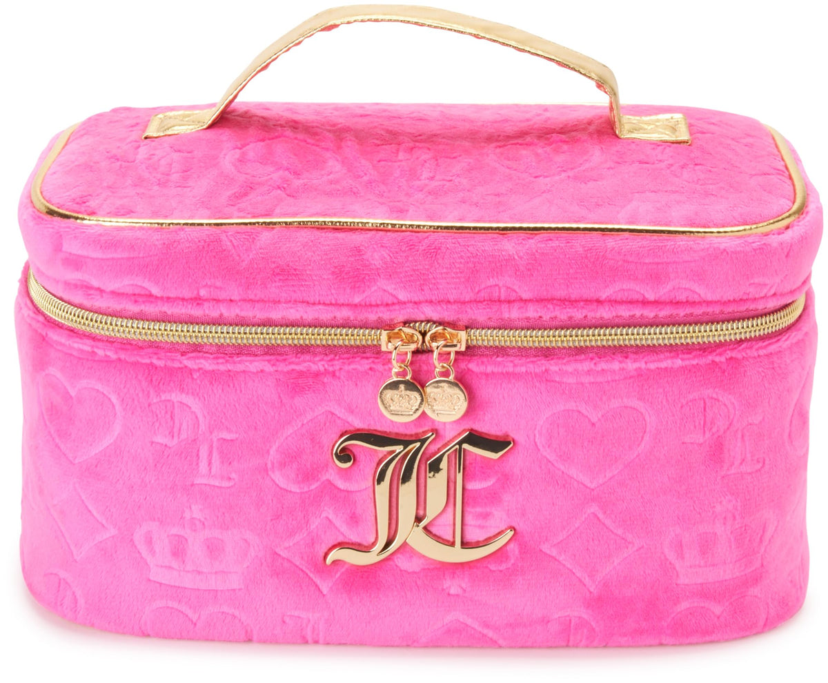 Juicy Couture hot pink makeup bag with velour heart crown, ideal for travel organization.