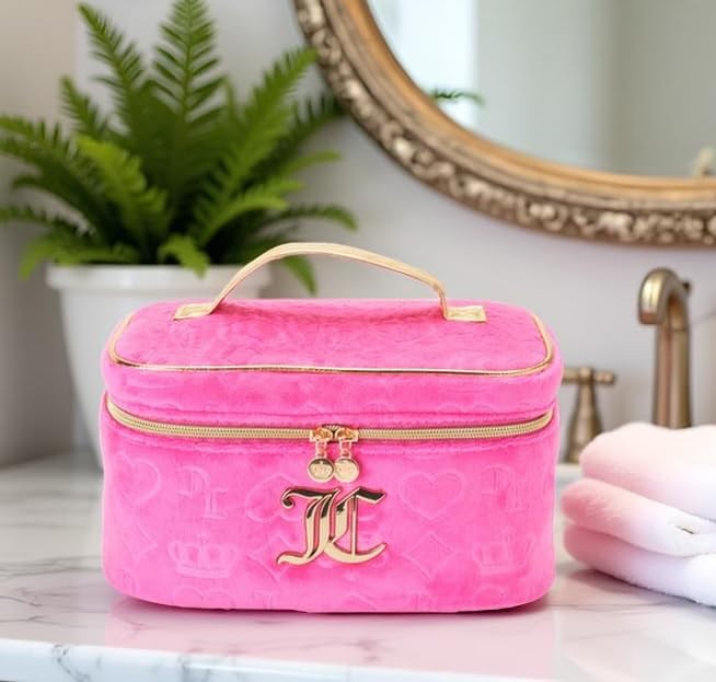 Juicy Couture makeup bag interior with pockets, keeps brushes and bottles neatly organized.