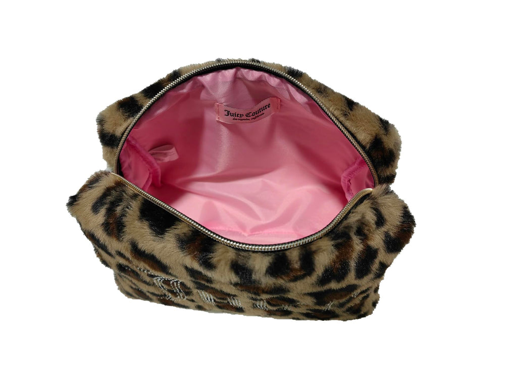 Juicy Couture rhinestone-trimmed faux fur makeup bag keeps cosmetics organized on the go.