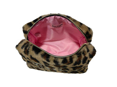 Juicy Couture rhinestone-trimmed faux fur makeup bag keeps cosmetics organized on the go.