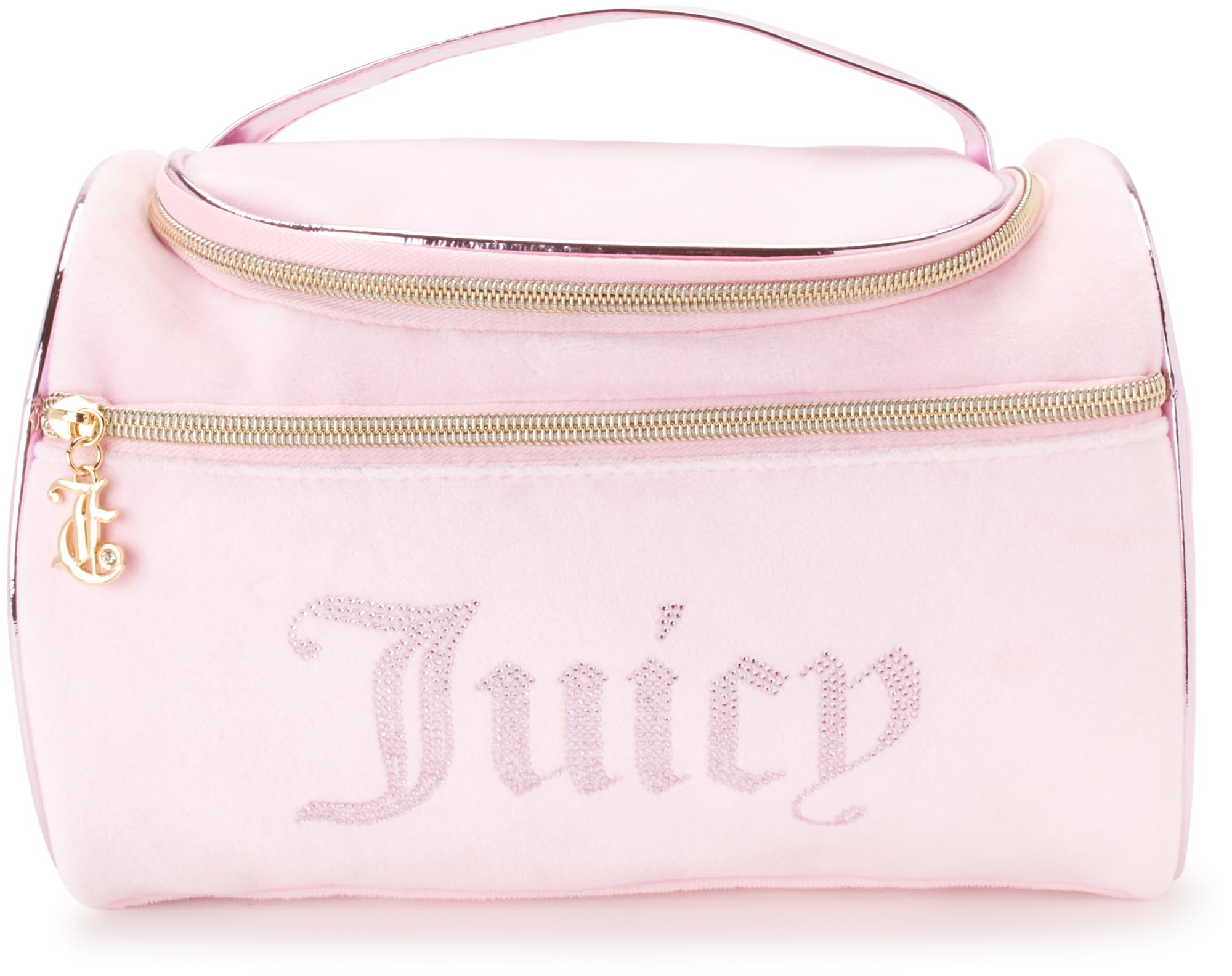 Juicy Couture pink makeup bag durable stitching for frequent travelers.