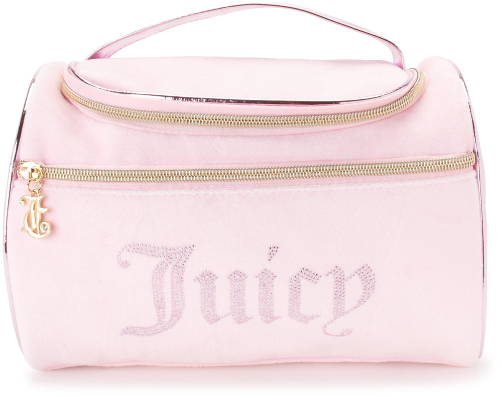 Juicy Couture pink makeup bag durable stitching for frequent travelers.