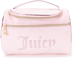 Juicy Couture pink makeup bag durable stitching for frequent travelers.