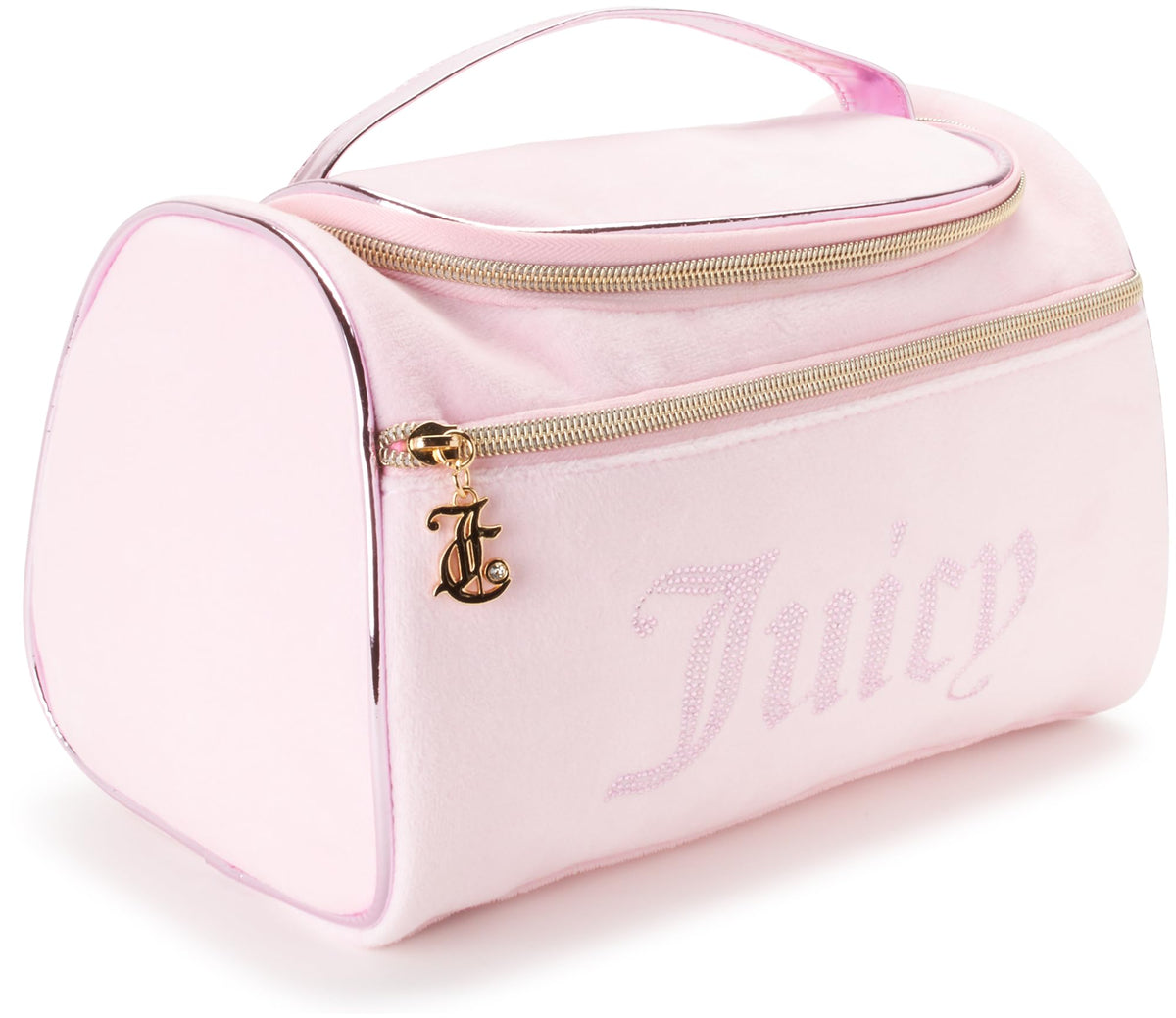 Juicy Couture pink makeup bag hanging view for easy travel organization.