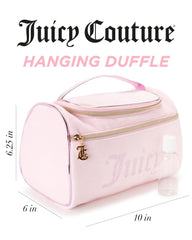 Juicy Couture pink makeup bag inside view shows organized compartments for cosmetics.