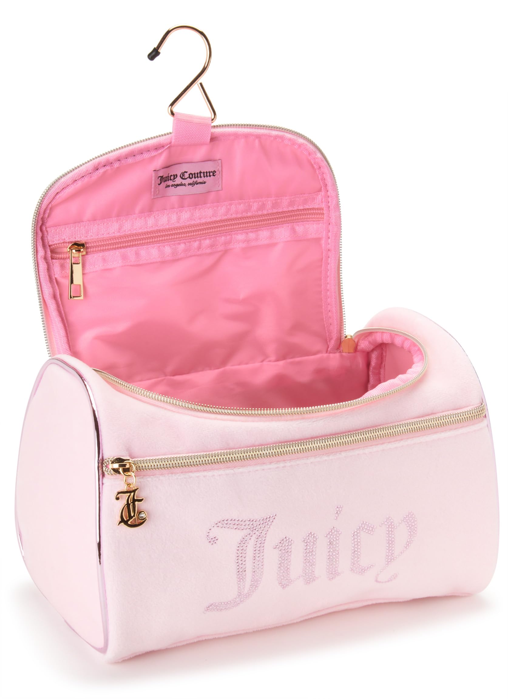 Juicy Couture pink makeup bag wipe-clean lining for easy cleanup.