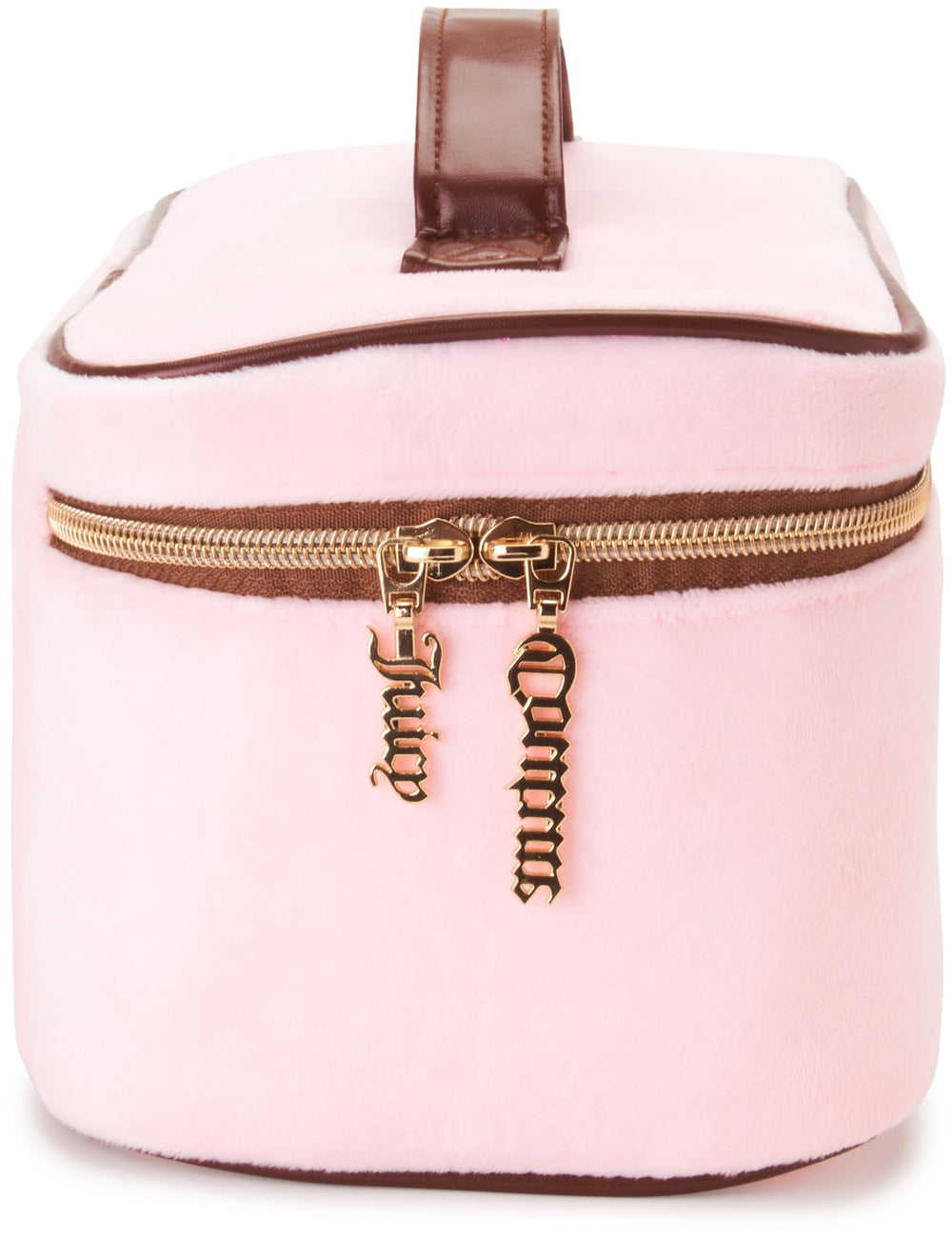 Juicy Couture pink makeup bag features wipe-clean lining for easy cleanup after trips.
