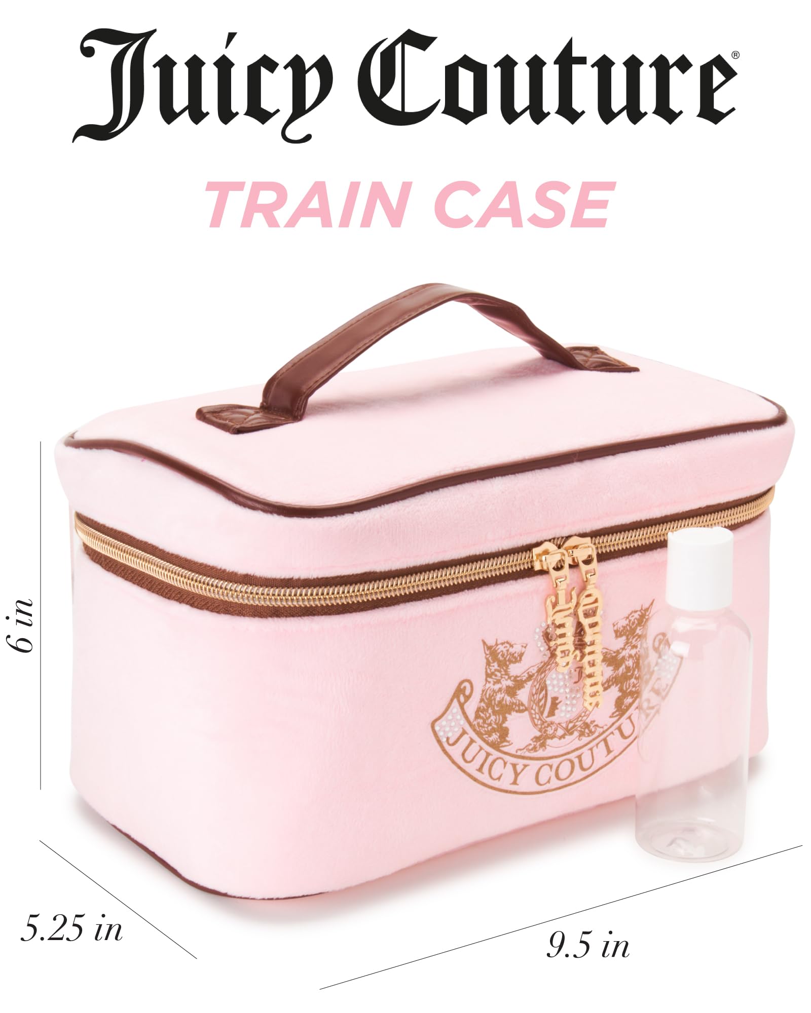 Juicy Couture pink toiletry bag interior organizer highlights organized spaces for brushes and bottles.