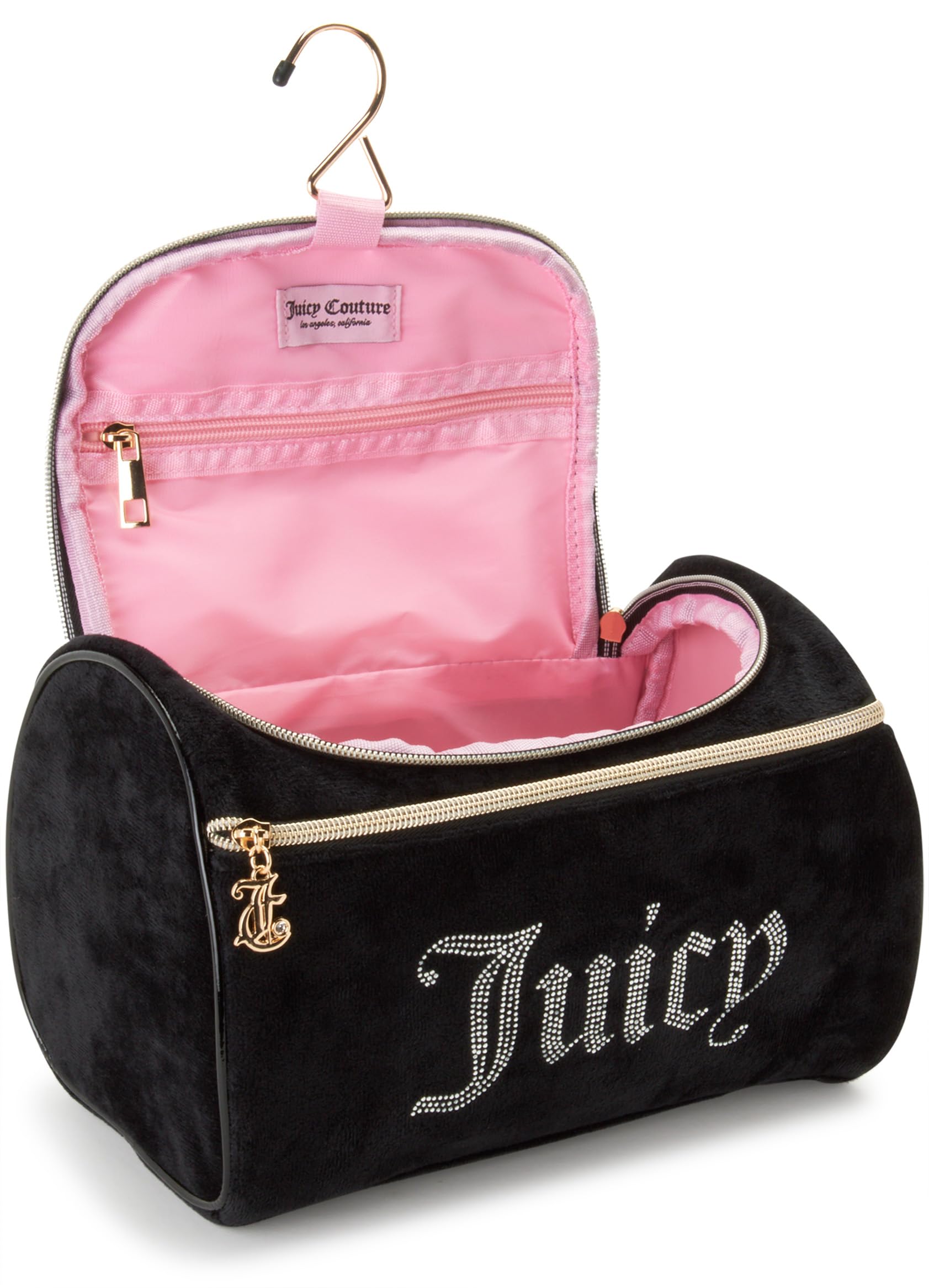 Juicy Couture interior lining keeps brushes and bottles neatly organized during trips