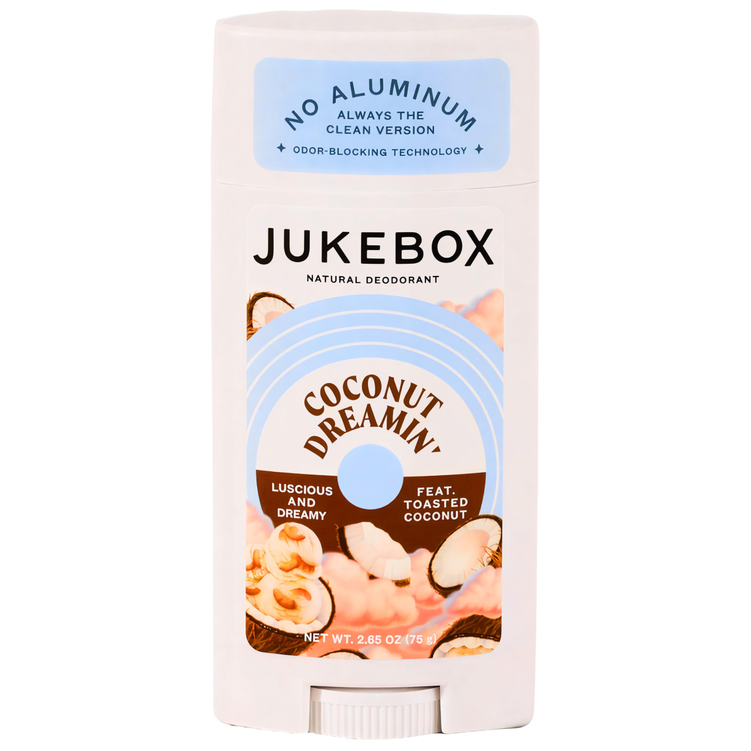 JUKEBOX Coconut Dreamin' bottle highlights toasted coconut aroma and aluminum-free protection for daily freshness.