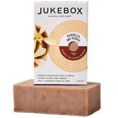 JUKEBOX Vanilla on Vinyl bar soap packaging highlights natural ingredients for a refreshing shower.