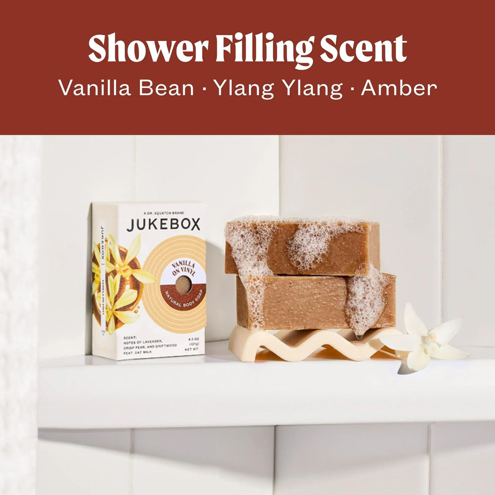 JUKEBOX Vanilla on Vinyl bar soap unwrapped reveals a clean, creamy bar for daily use.