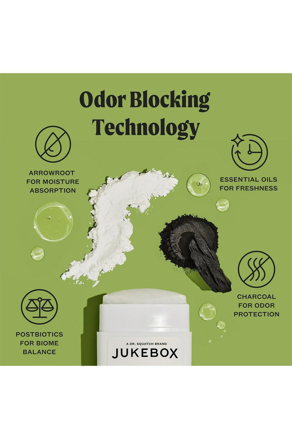 JUKEBOX Watermelon Disco odor-blocking technology with arrowroot and charcoal for lasting freshness.