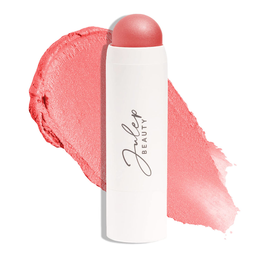 Julep Skip The Brush Blush Stick Golden Guava swatch on cheek for natural flush.
