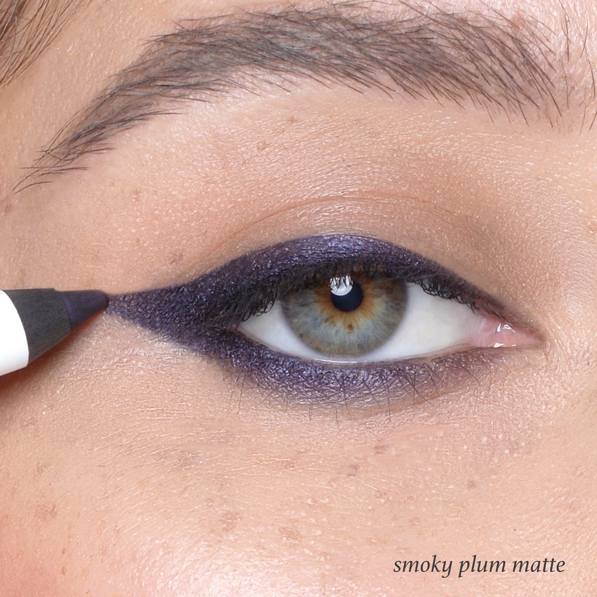 Julep When Pencil Met Gel Smoky Plum transfer-proof swatches on skin.