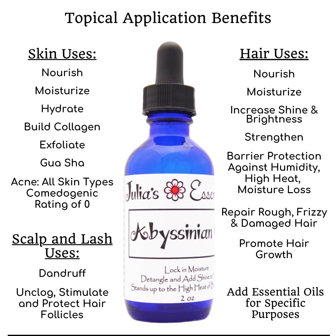 Julia's Essentials Abyssinian Oil apply-drops demonstrates lightweight nourishment for hair and skin