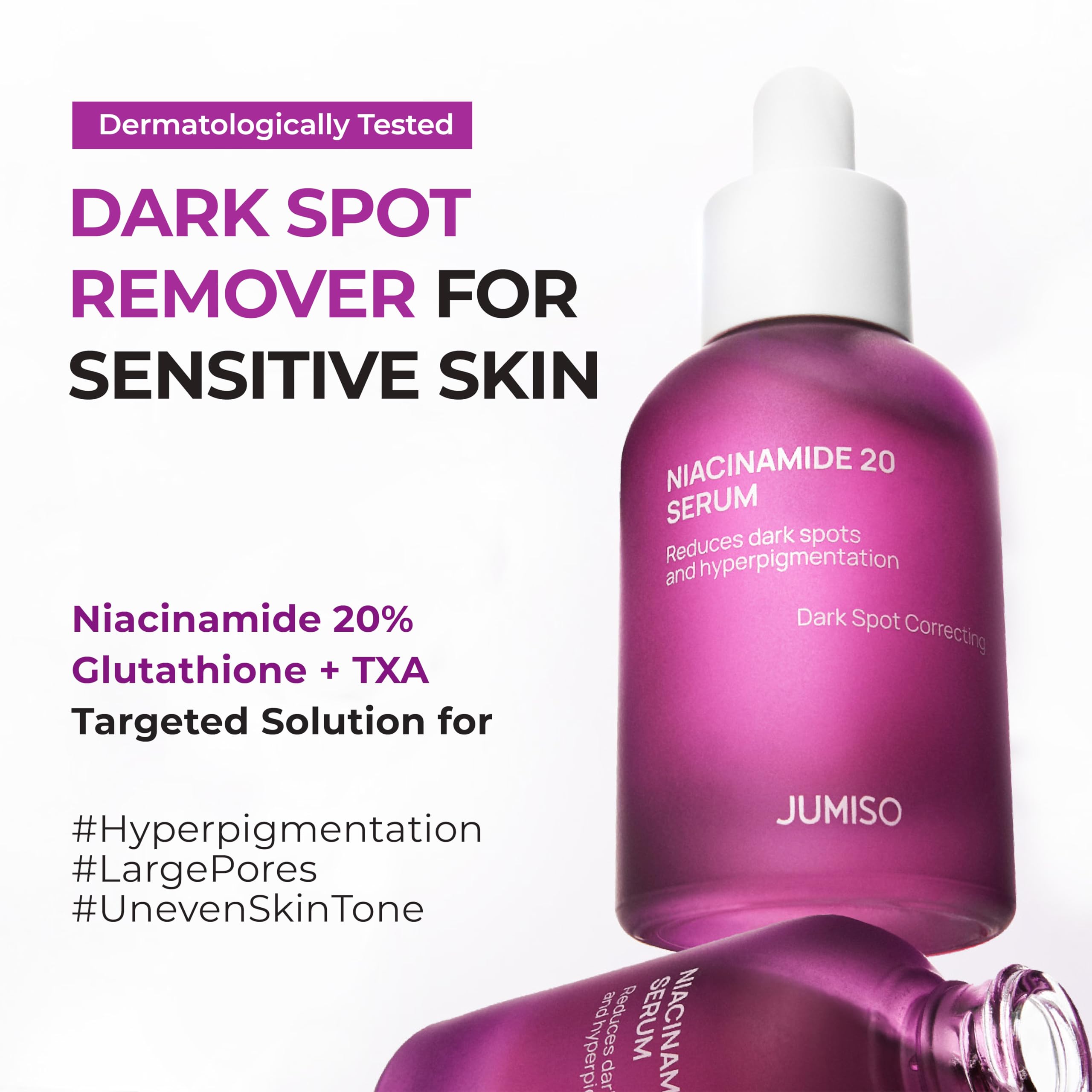 JUMISO Niacinamide 20 Serum dispensing drops illustrate easy AM/PM use