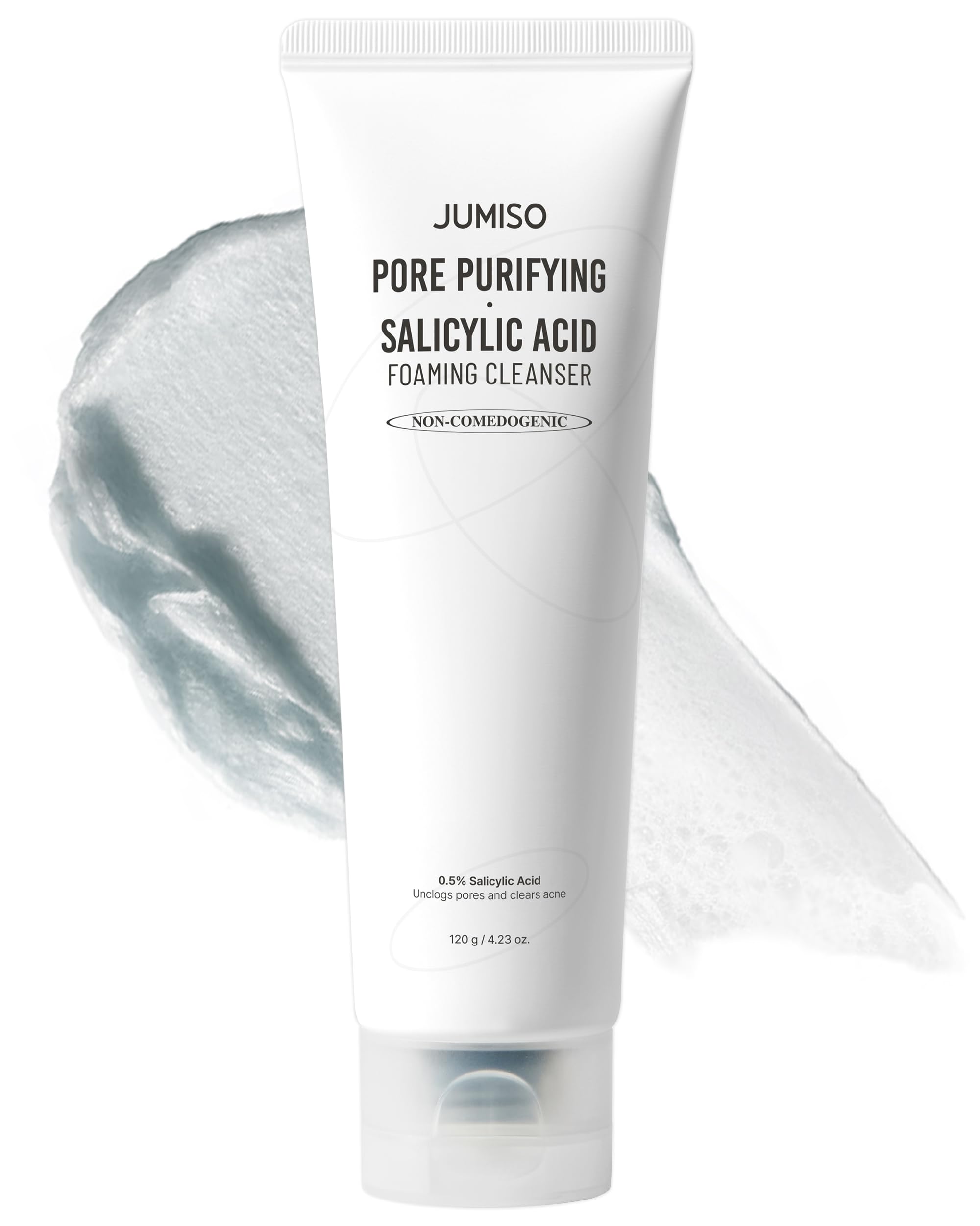 JUMISO pore-purifying foaming cleanser bottle closeup highlights gentle daily cleansing and pore care.