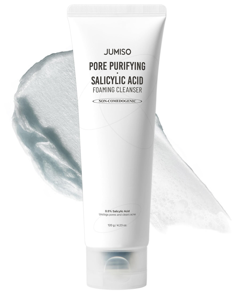 JUMISO pore-purifying foaming cleanser bottle closeup highlights gentle daily cleansing and pore care.