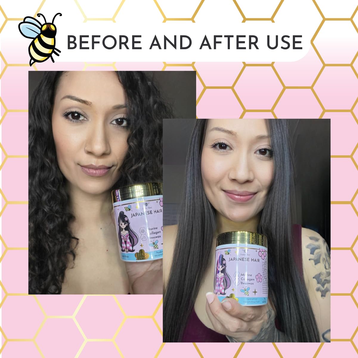 Jumybee hair mask on hair showing reduced frizz and added shine