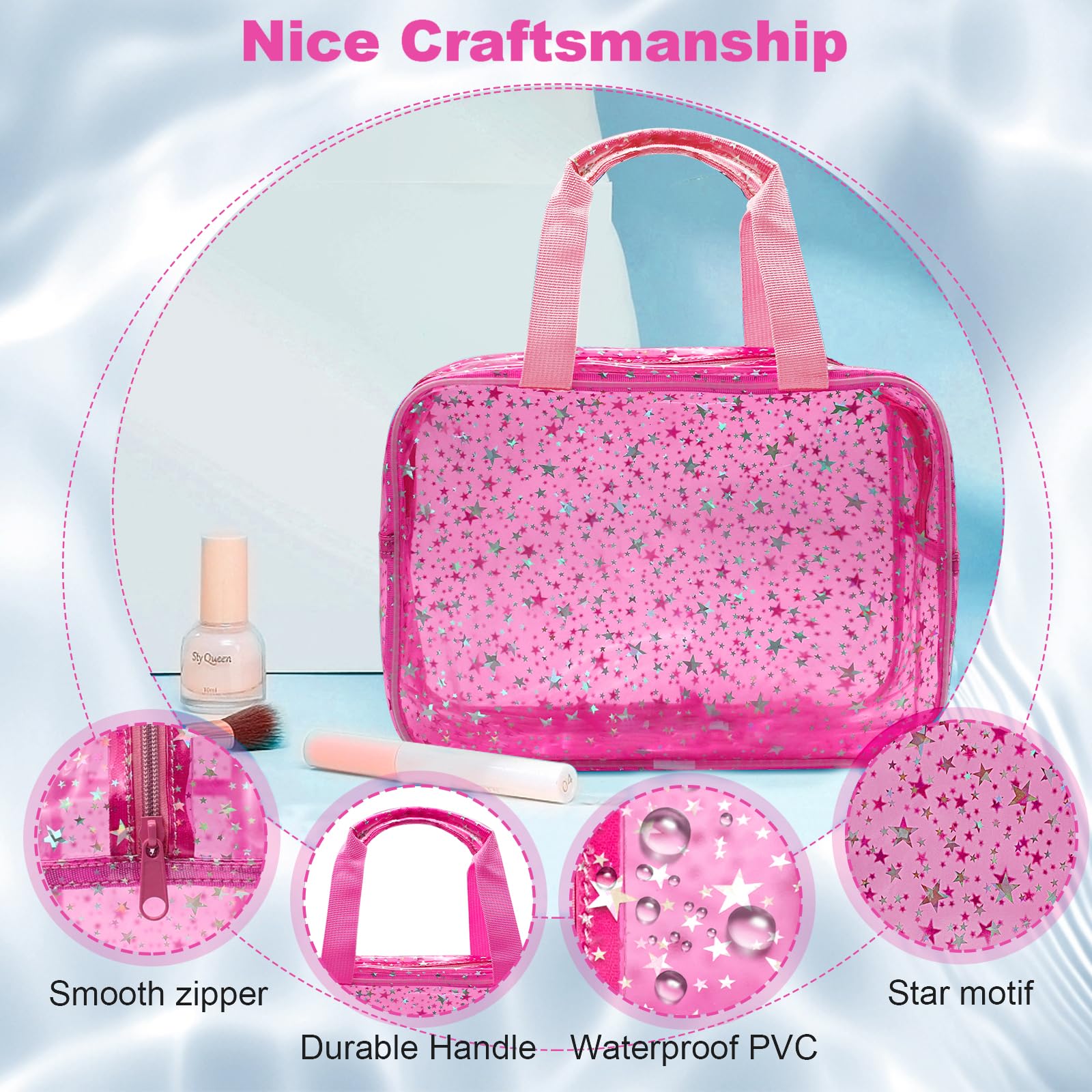Junesters clear makeup bag PVC material shows waterproof and easy-to-clean convenience