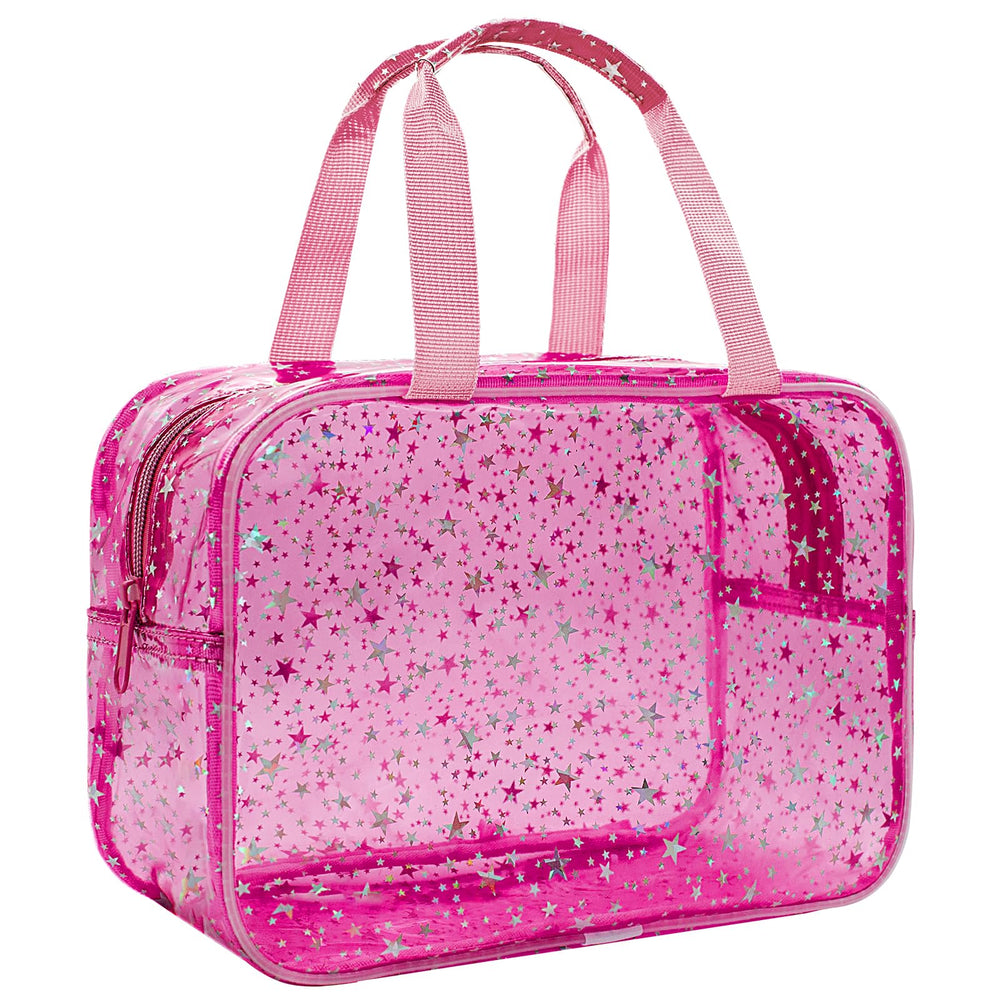Junesters clear red star makeup bag full view showing large capacity for trips