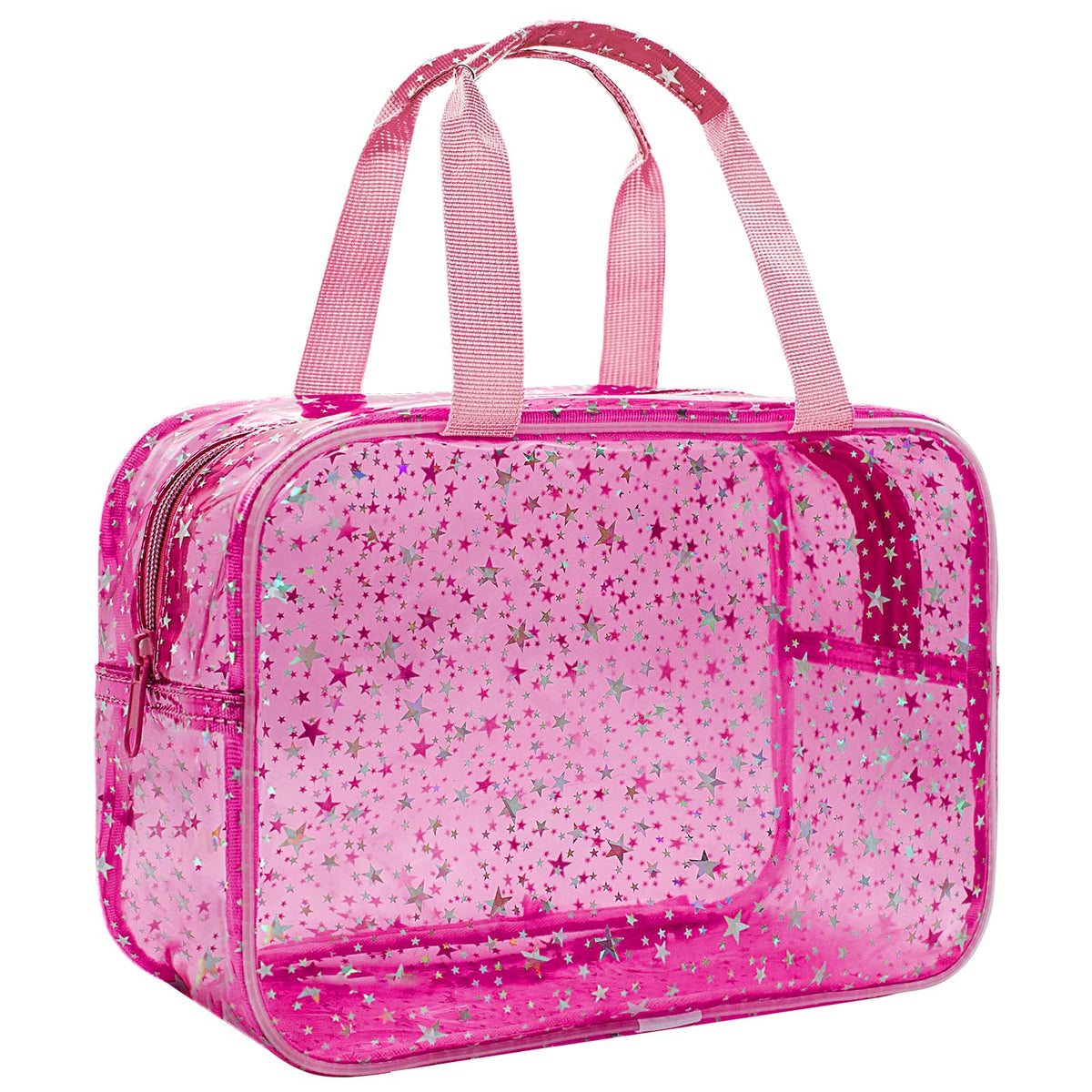 Junesters clear red star makeup bag full view showing large capacity for trips