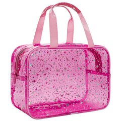 Junesters clear red star makeup bag full view showing large capacity for trips