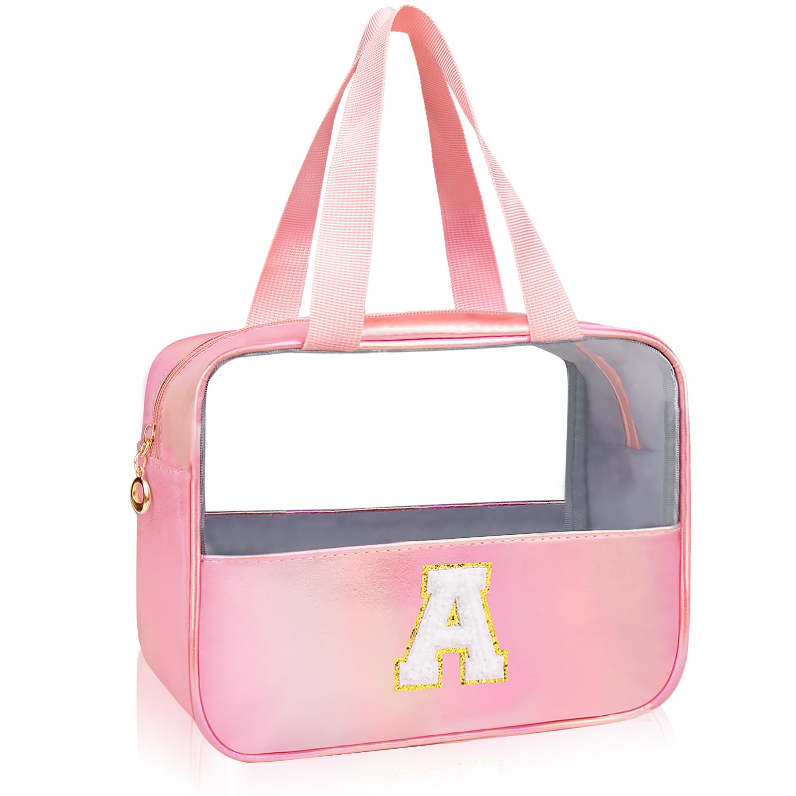 Junesters Initial Clear Makeup Bag front view for quick visibility during travel.