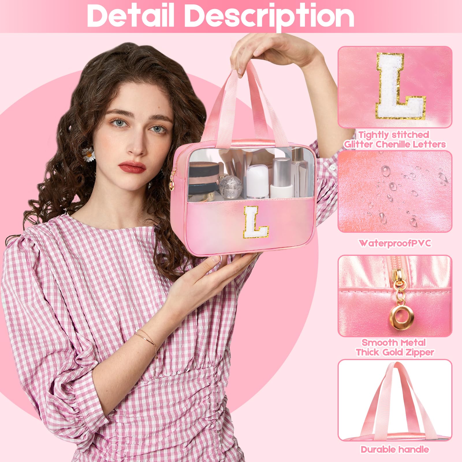 Junesters Initial Clear Makeup Bag monogram letter detail highlights personalized gift appeal.