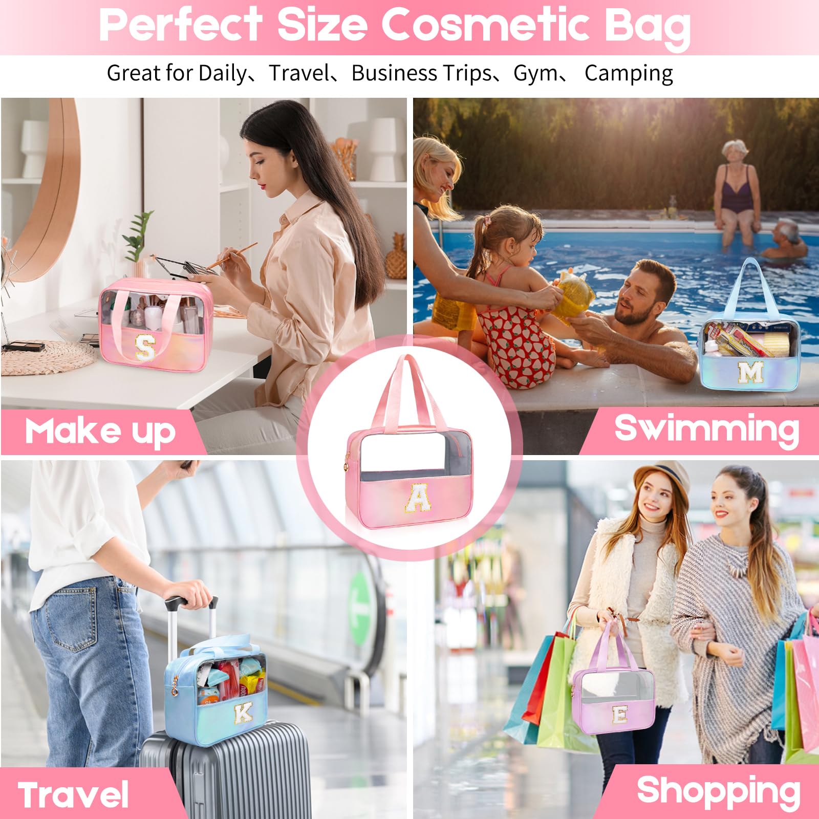Junesters Initial Clear Makeup Bag travel-ready foldable design saves suitcase space.