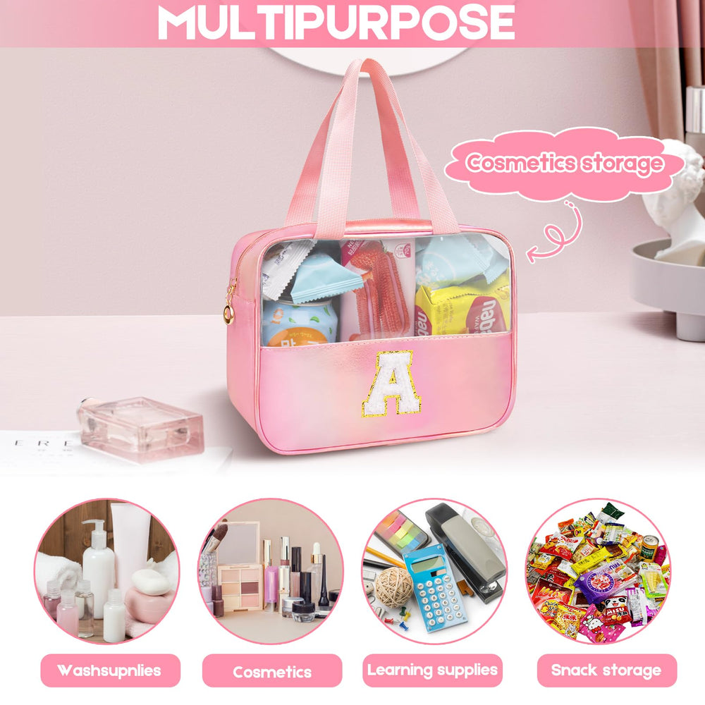 Junesters Initial Clear Makeup Bag waterproof PU leather for easy daily care.