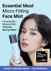 JUNG SAEM MOOL Essential Mool Micro Fitting Face Mist glow closeup emphasizes radiant skin with hydration.