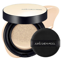 JUNG SAEM MOOL Essential Skin Nuder Cushion bottle closeup highlights a natural radiant finish for daily wear