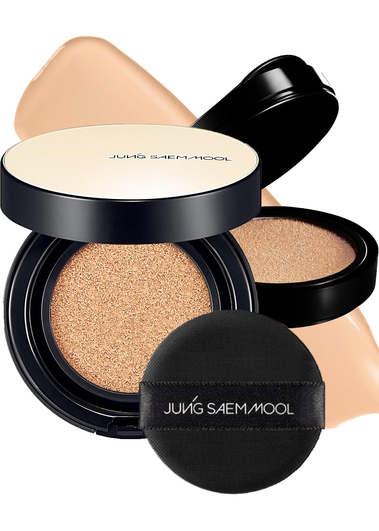 Jung Saem Mool Essential Skin Nuder cushion bottle close-up shows 24-hour wear and full coverage.
