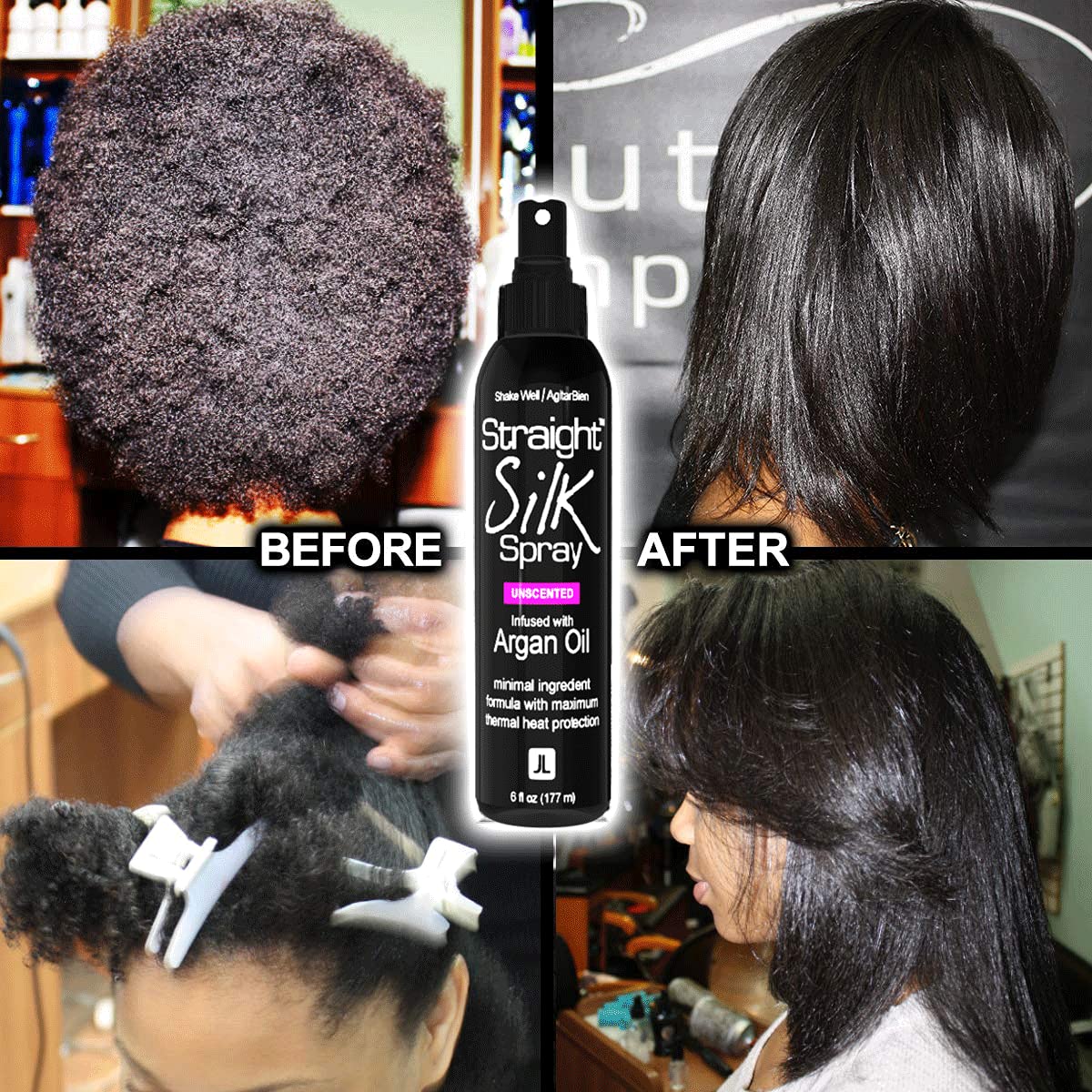 JuniorLabs Straight Silk Spray in blow-dry session for frizz reduction.