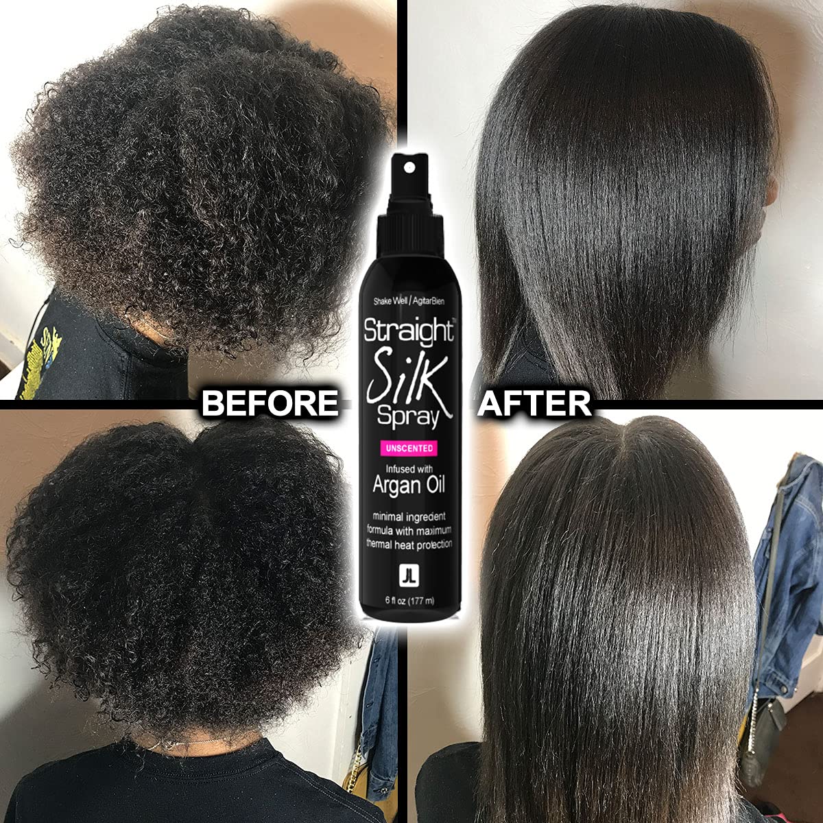 JuniorLabs Straight Silk Spray applied before flat-iron for heat protection.