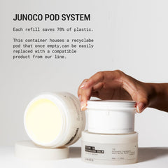 JUNO & CO Jade Clean10 balm pod in use — shows refillable system for makeup removal.