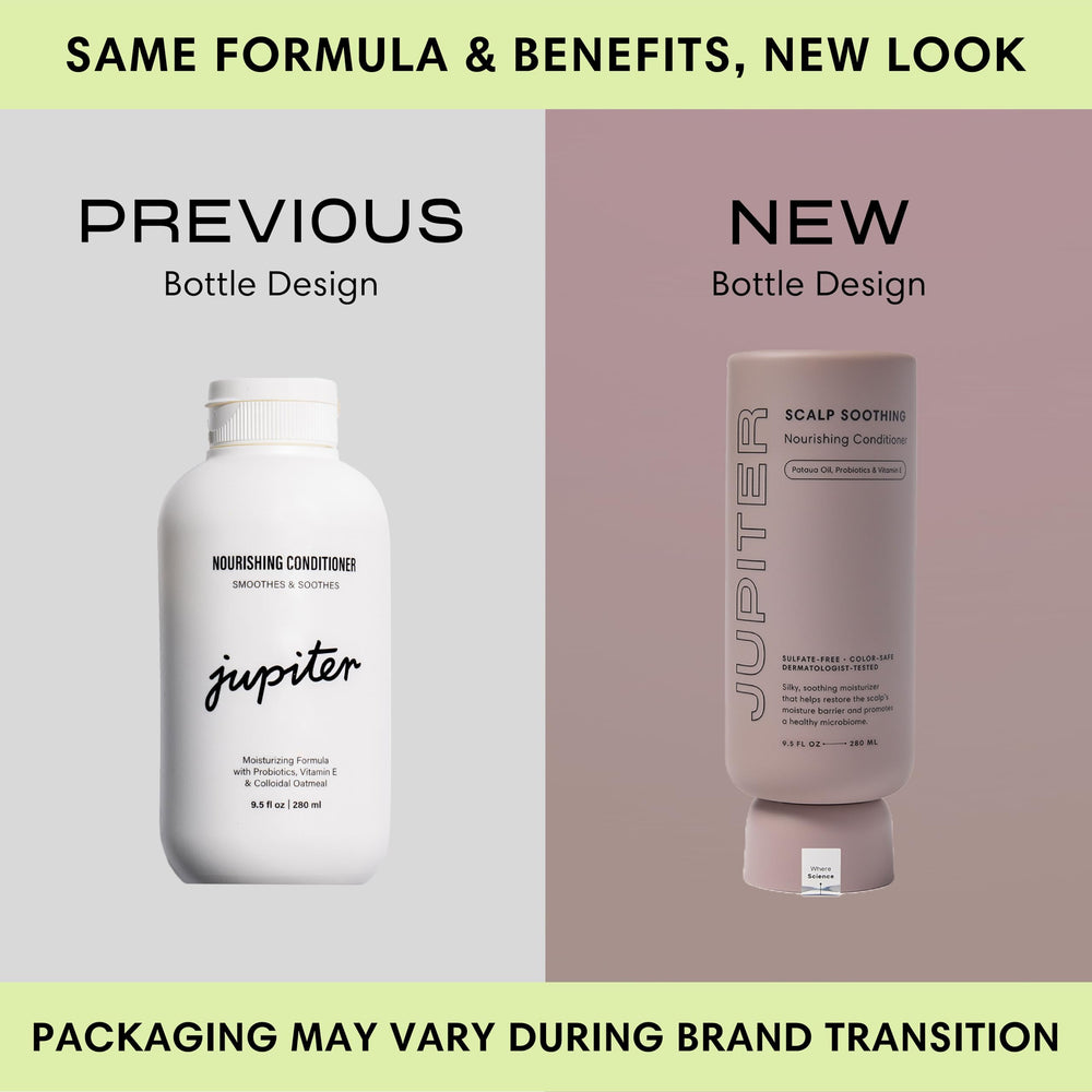Jupiter Nourishing Conditioner pump bottle delivers creamy hydration for smooth hair.