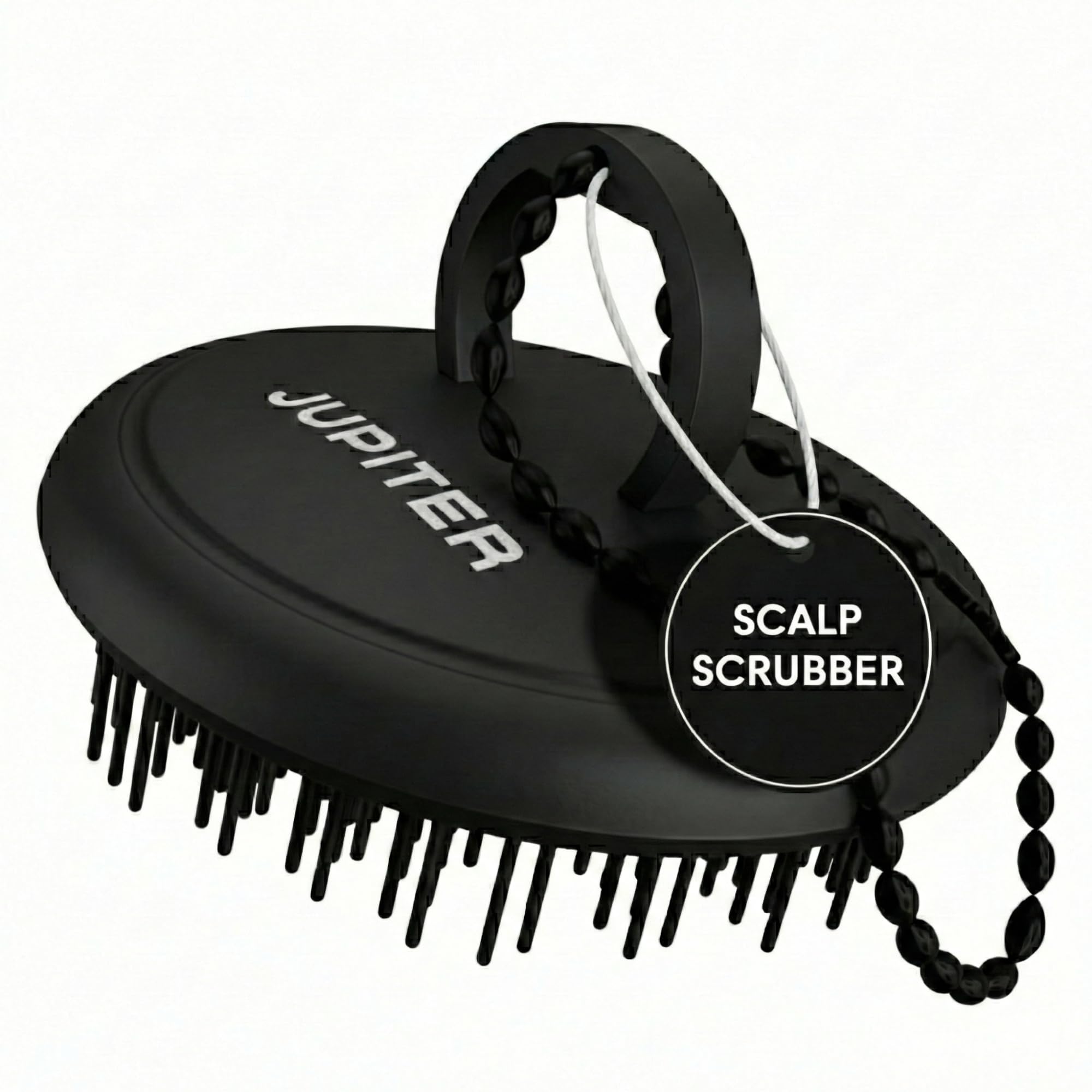 Jupiter scalp exfoliator front view showing sleek black body and bristles for effective cleansing