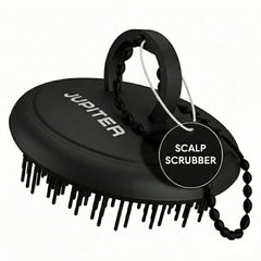 Jupiter scalp exfoliator front view showing sleek black body and bristles for effective cleansing